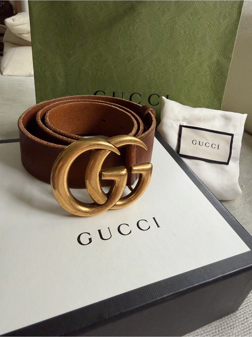 Authentic Gucci Brown Leather Double G Buckle Belt